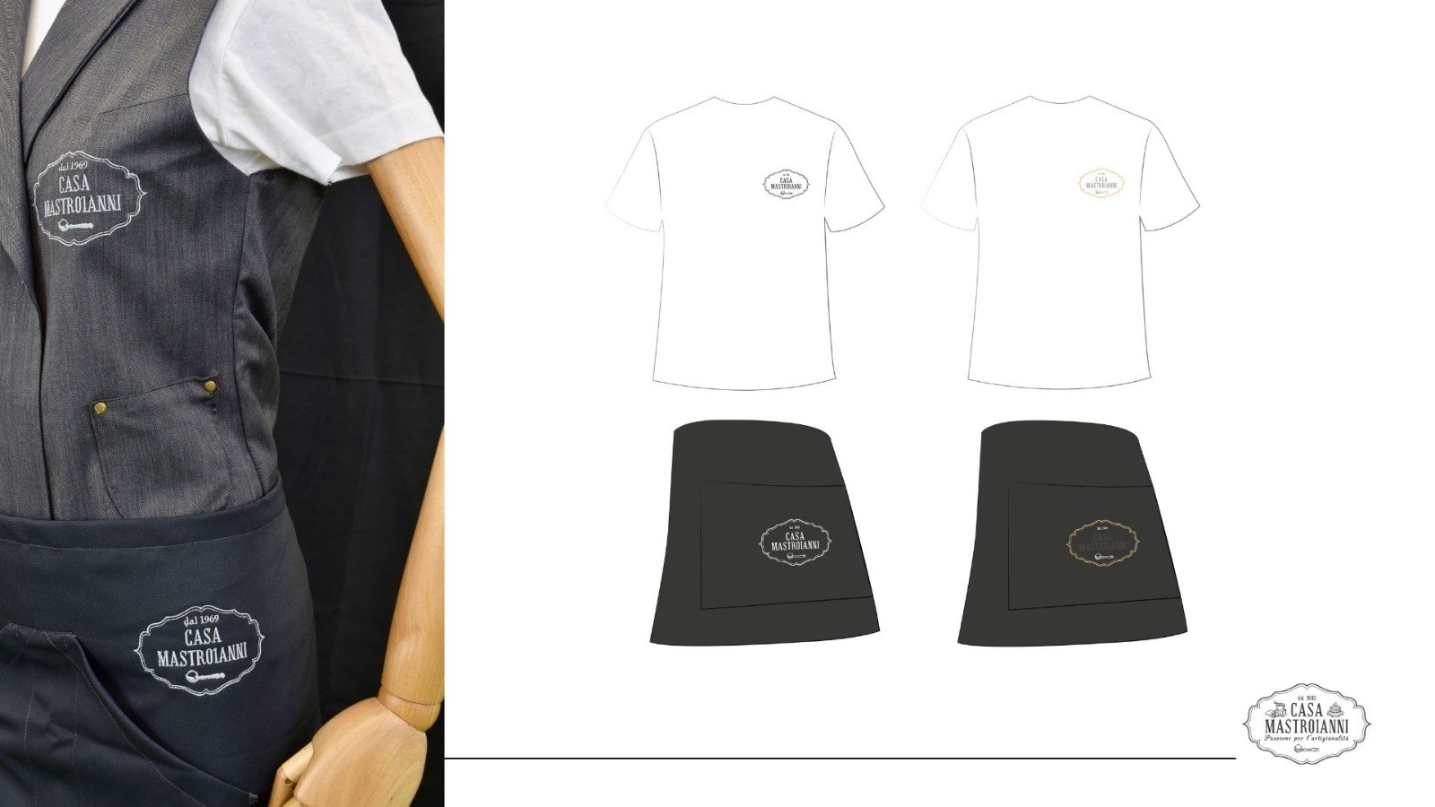 Gilet e grembiule con il logo Casa Mastroianni ricamato, accanto ai disegni di t-shirt e grembiuli