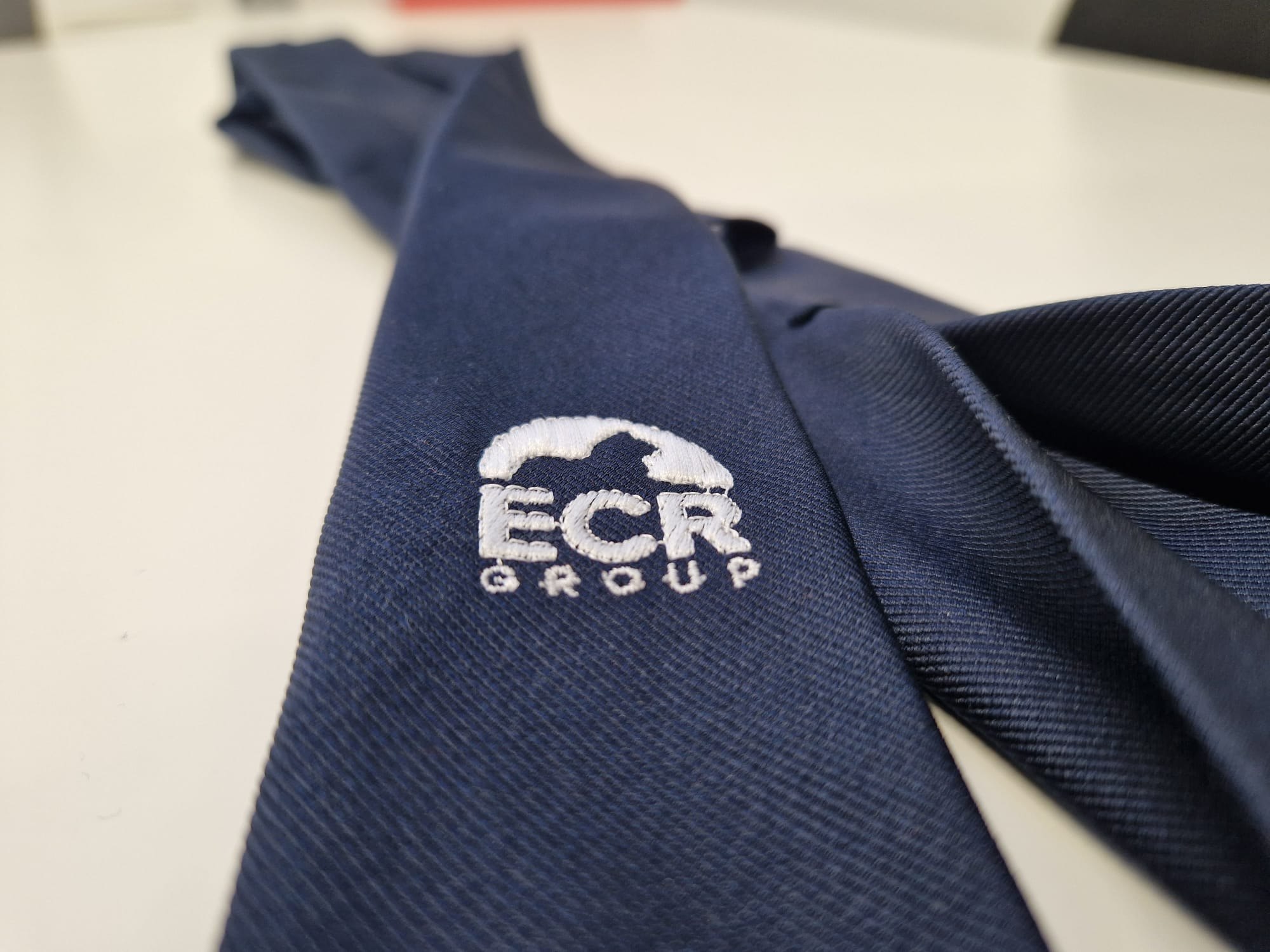 La cravatta blu con il logo ECR Group ricamato in bianco
