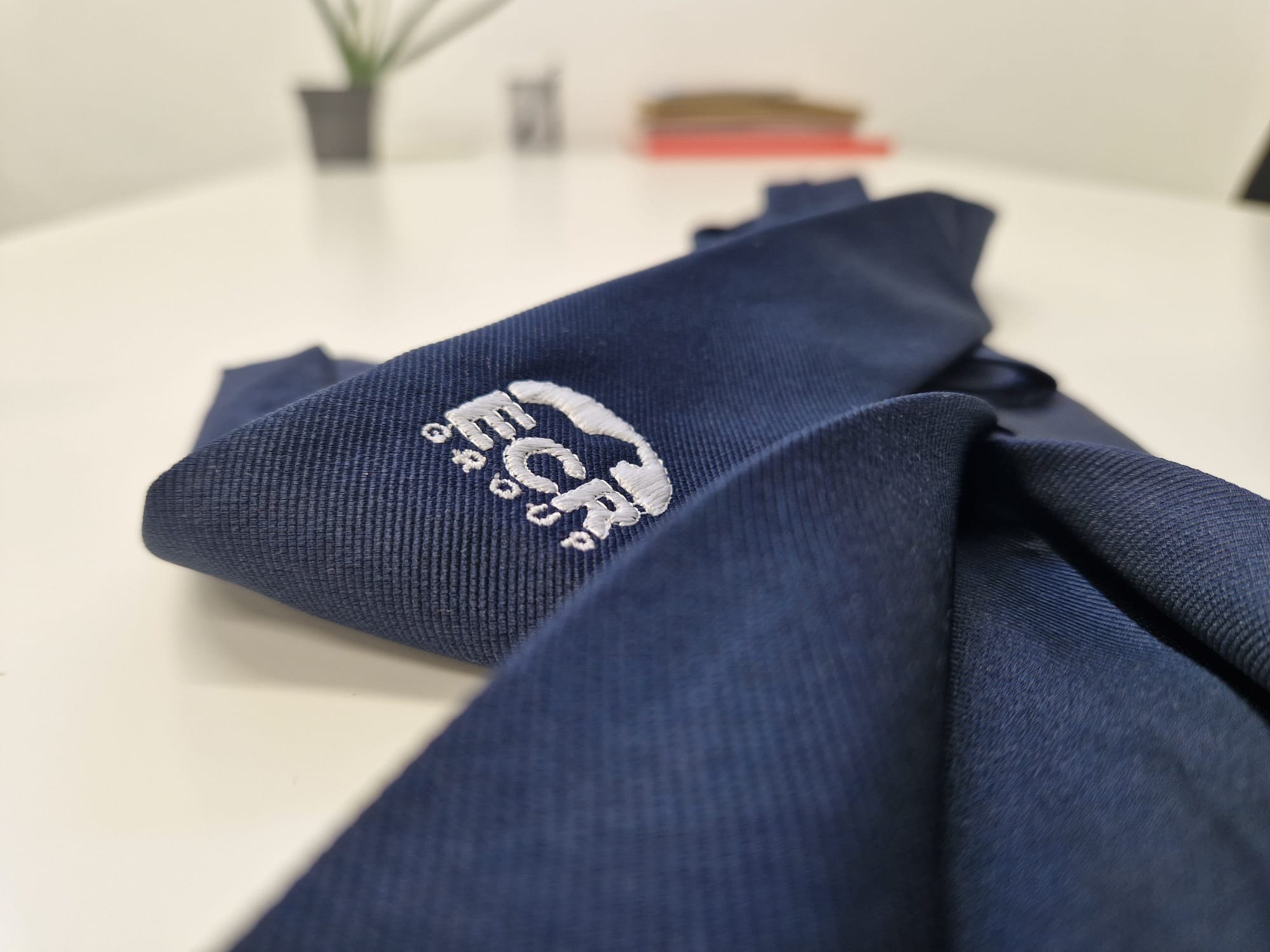 La cravatta annodata con il logo ricamato