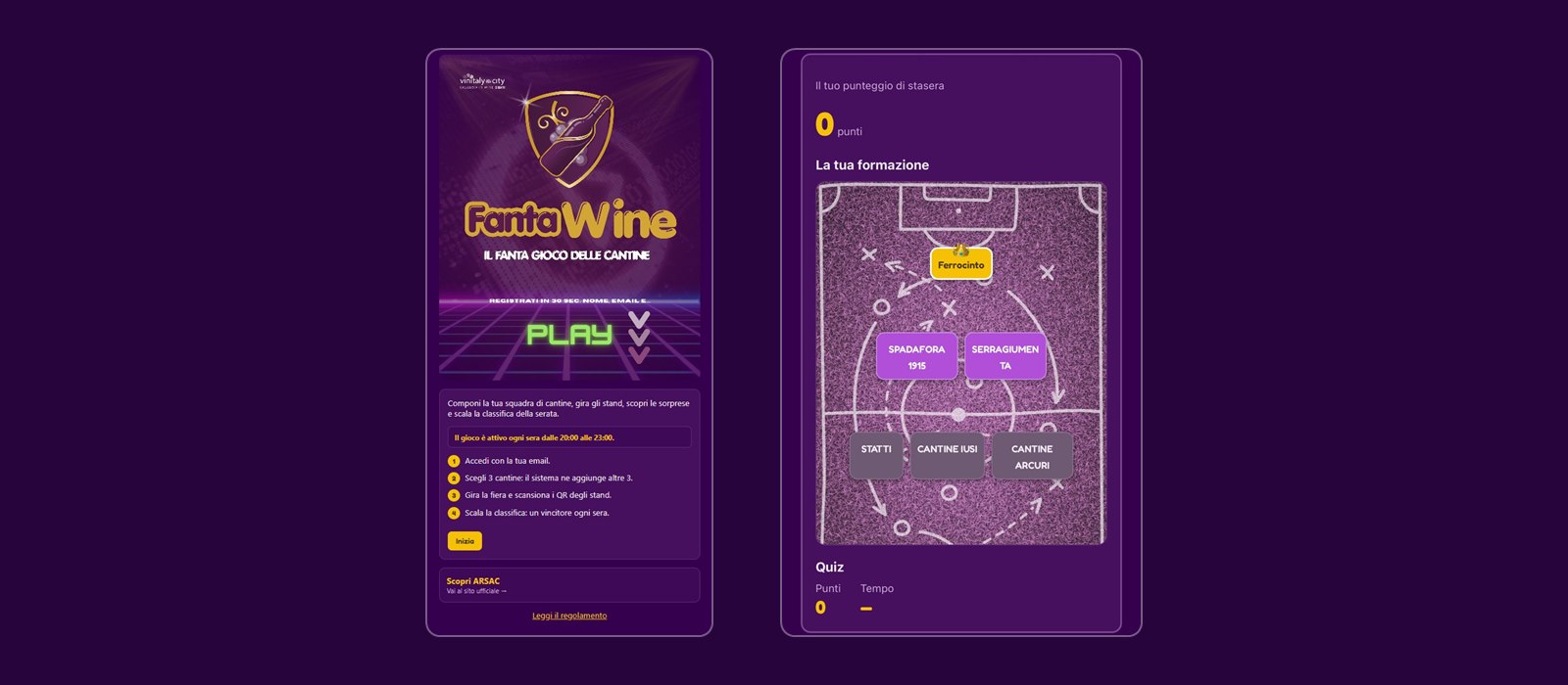 La web app di FantaWine: la schermata d'ingresso e la formazione di cantine con il capitano