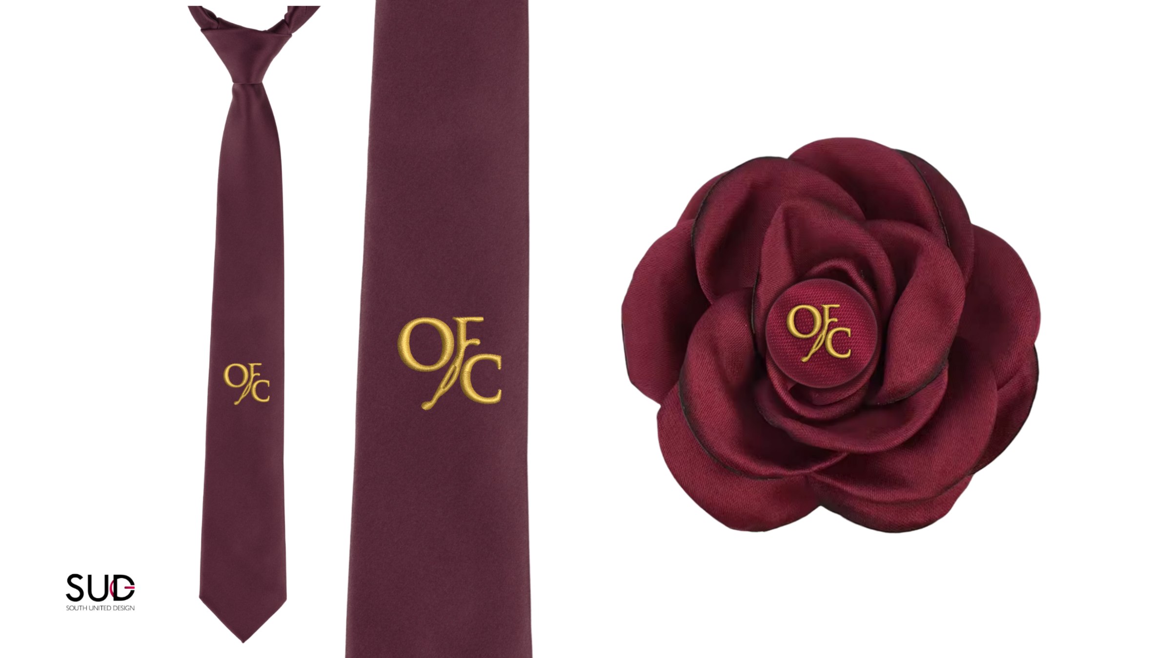 Design: the amaranth tie with the gold OFC monogram, and the fabric camellia with the same monogram