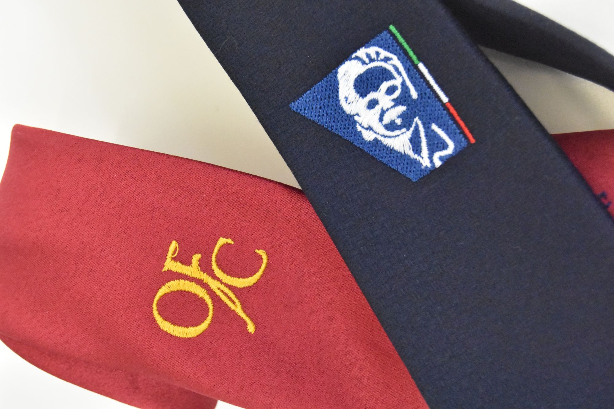 The two ties crossed: amaranth with the gold OFC monogram, blue with the Conservatory portrait and the tricolour