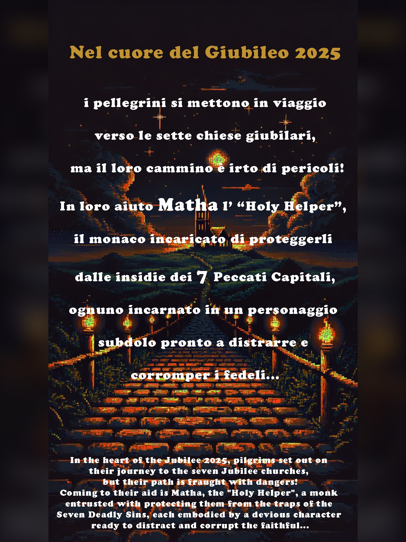 Intro screen: the pilgrims set off for the seven churches with Matha, the monk known as the "Holy Helper"
