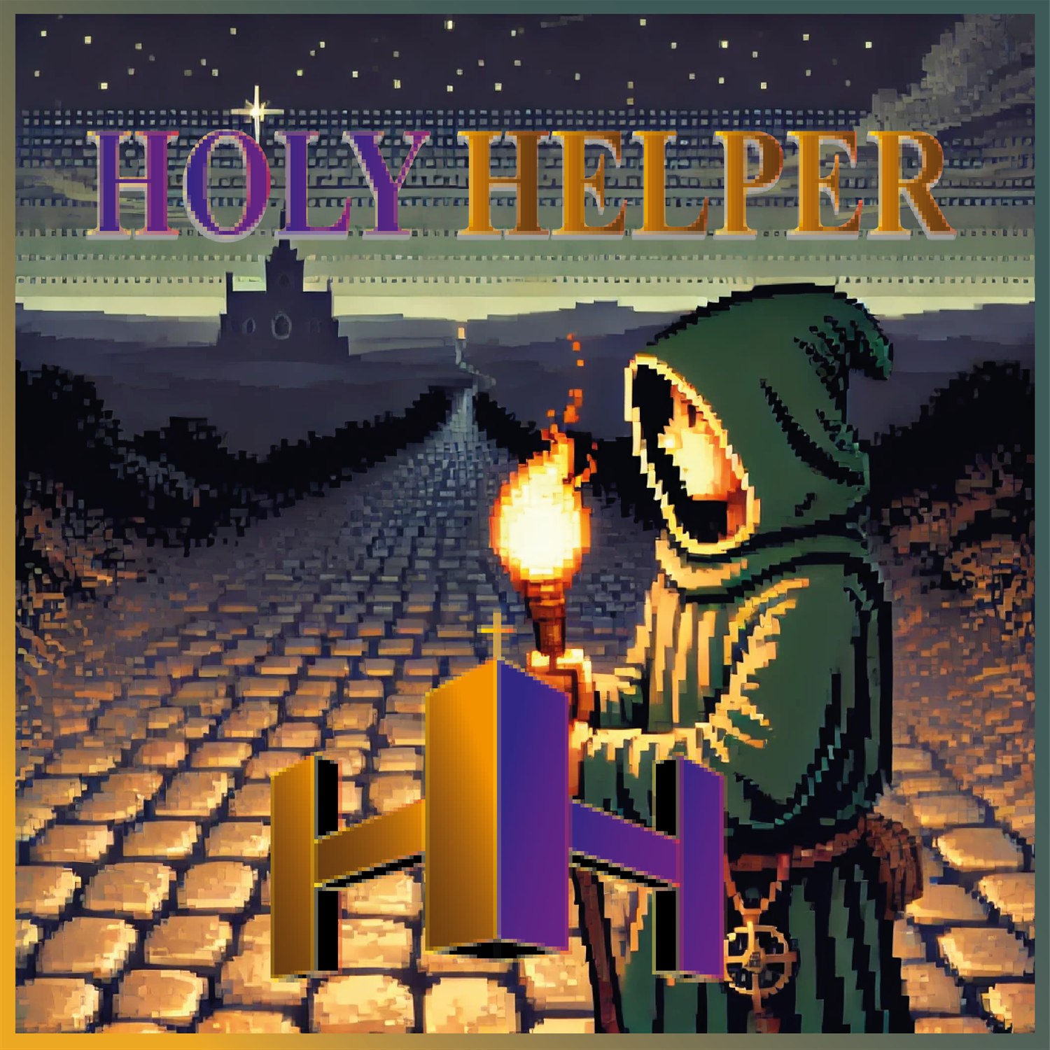 The game's key art: the monk with his torch on the road to the city