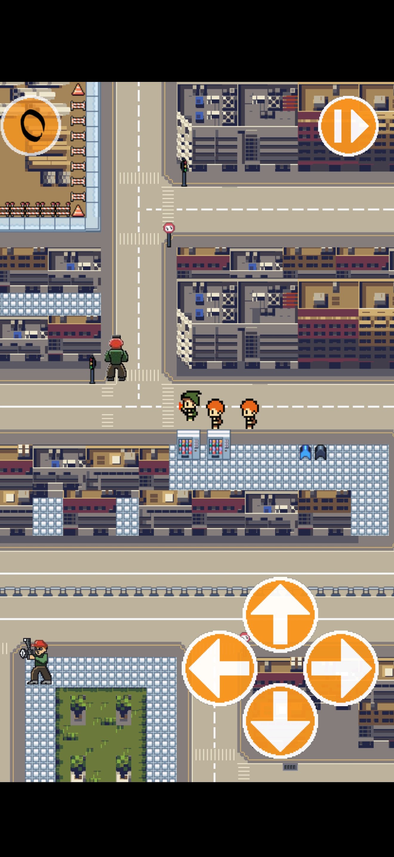 Gameplay: the pilgrims cross a pixel-art city, with the on-screen D-pad