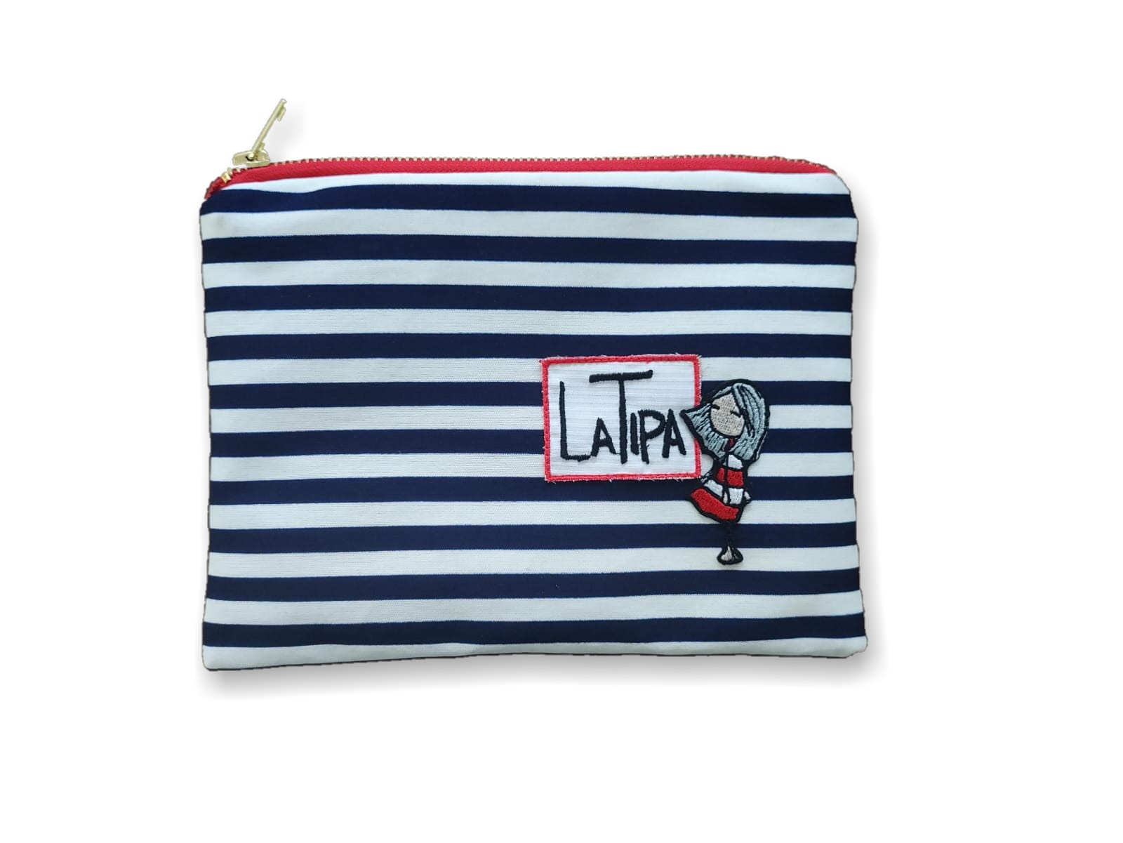 Pochette a righe blu e bianche con zip rossa, etichetta La Tipa e la Tipa ricamate