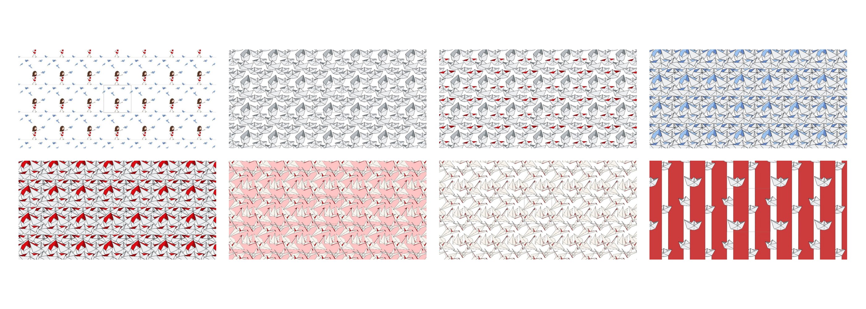 Gli otto pattern del brand: la Tipa con gli uccellini, barchette e gru origami, righe rosse con barchette