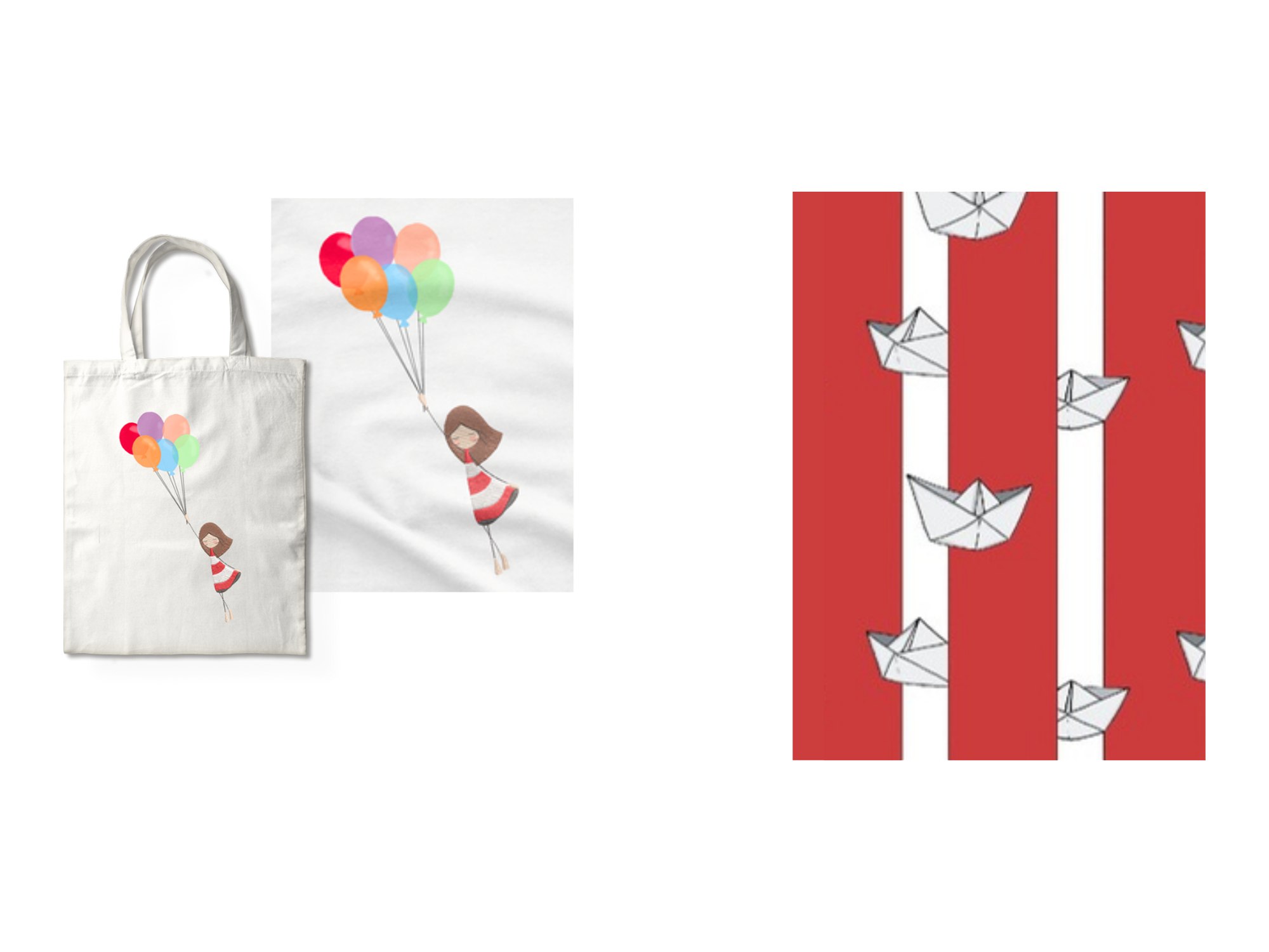 Prototipo: shopper e stampa con la Tipa e i palloncini, accanto al pattern a righe rosse con barchette