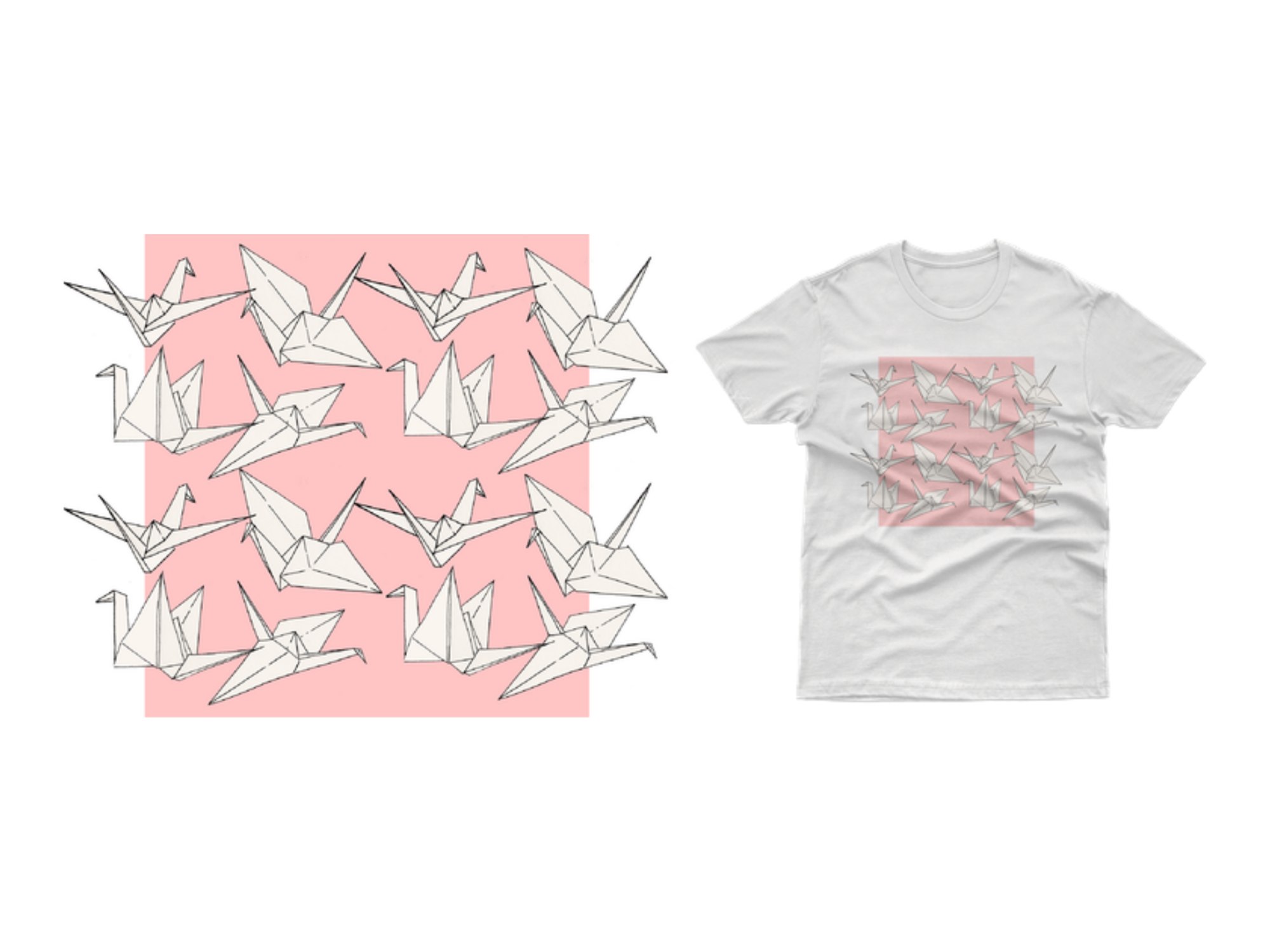 Il pattern rosa con le gru origami e la t-shirt che lo porta
