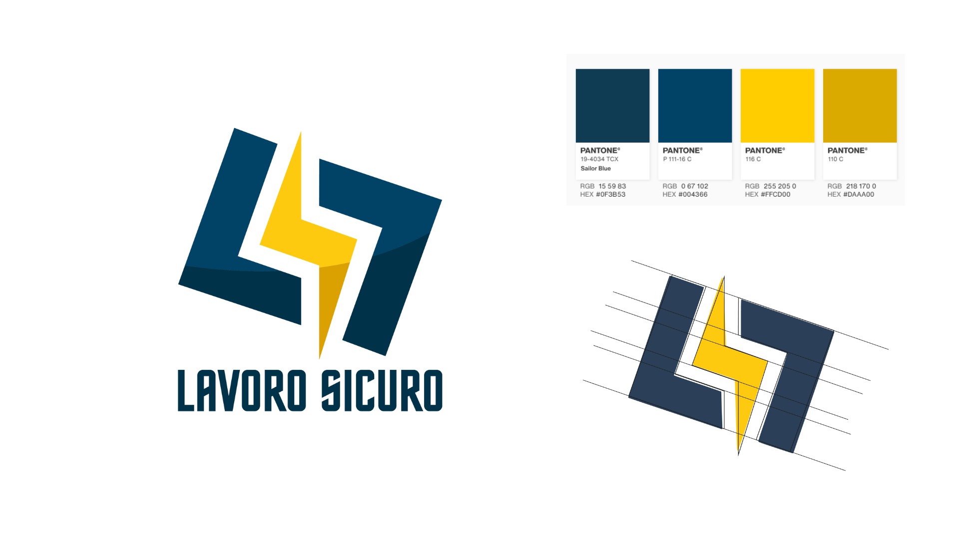 Il nuovo logo Lavoro Sicuro con la palette Pantone e la griglia di costruzione del simbolo