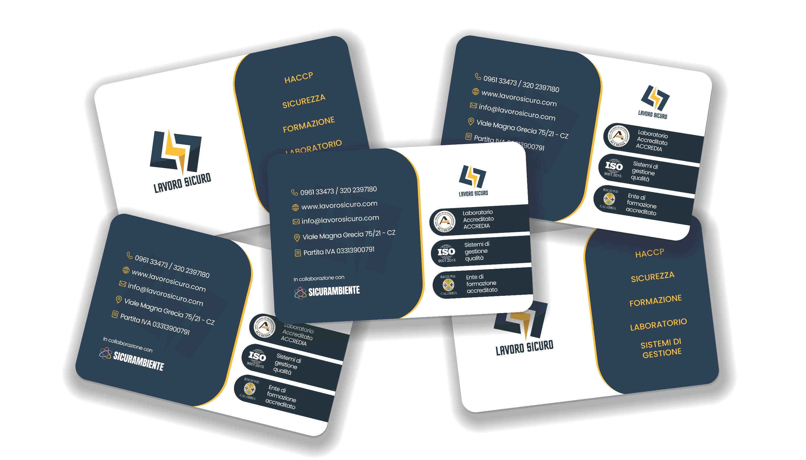 Mockup dei biglietti da visita Lavoro Sicuro con angoli arrotondati, fronte e retro sparsi su fondo bianco