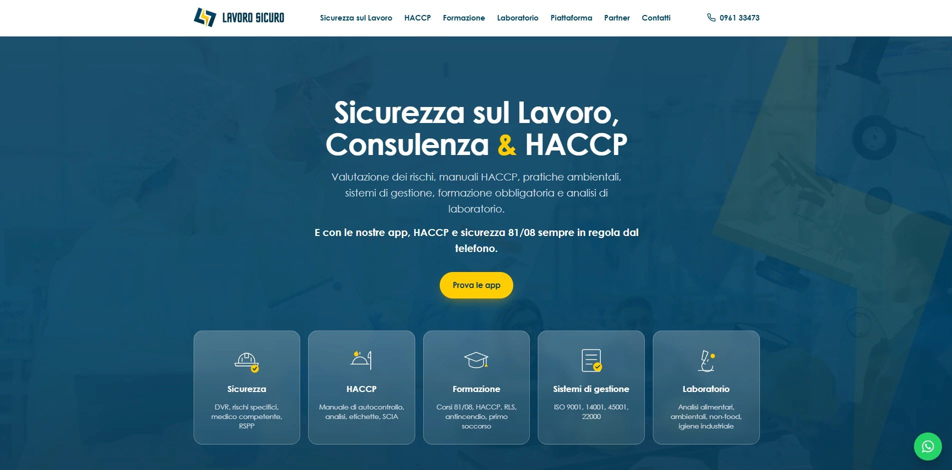 Il sito Lavoro Sicuro: la home con sicurezza sul lavoro, consulenza e HACCP, le app e le cinque aree di servizio