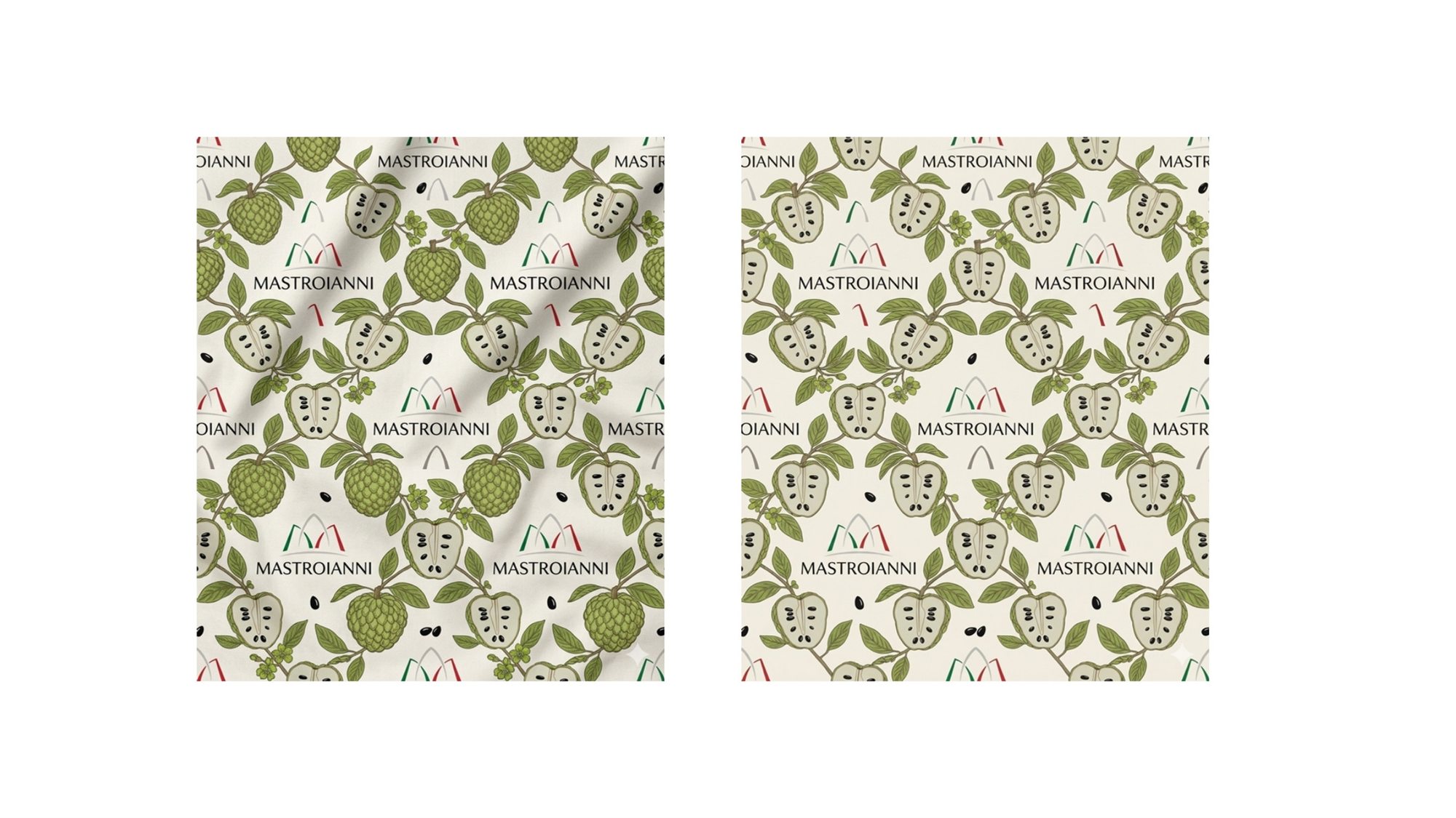 Il pattern con l'annona e il logo Mastroianni, stampato su tessuto