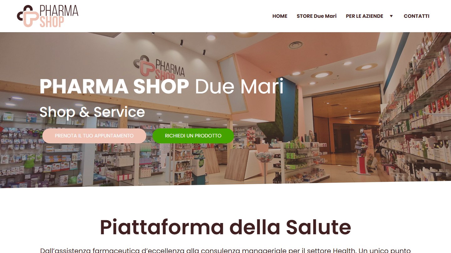 Il sito web di Pharmashop: la home con il punto vendita ai Due Mari e le prenotazioni